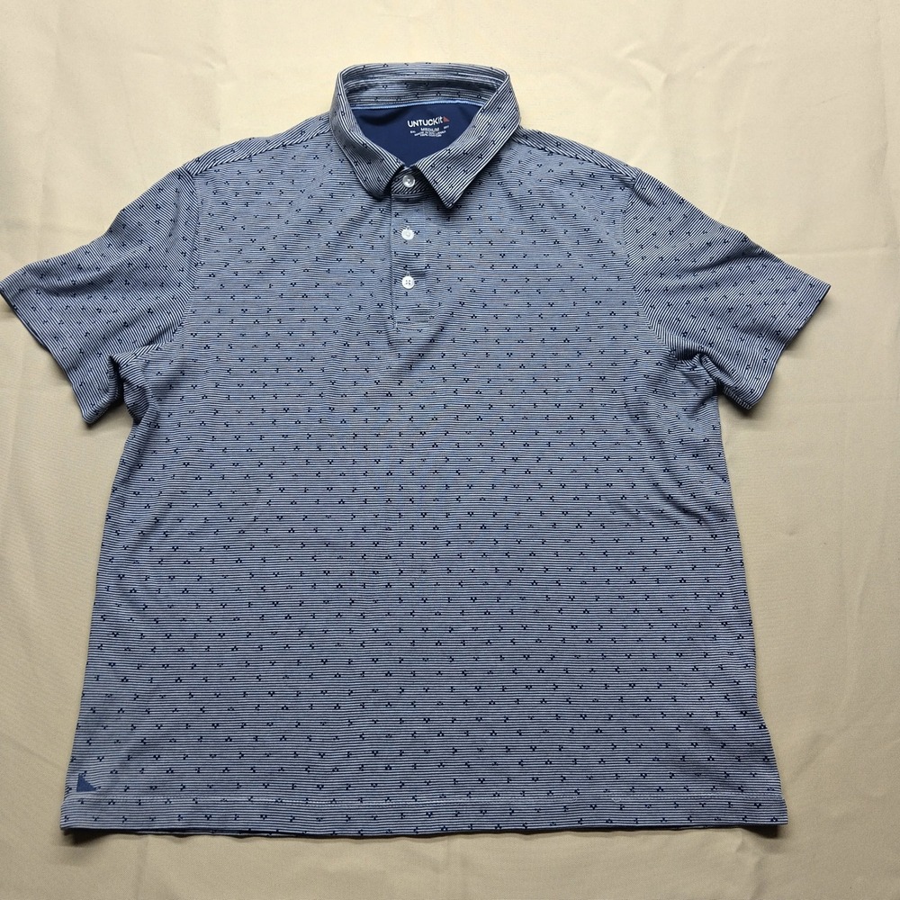 UNTUCKit Williams Polo Shirt Mens Medium Navy Blue White Stripe Cotton 41085